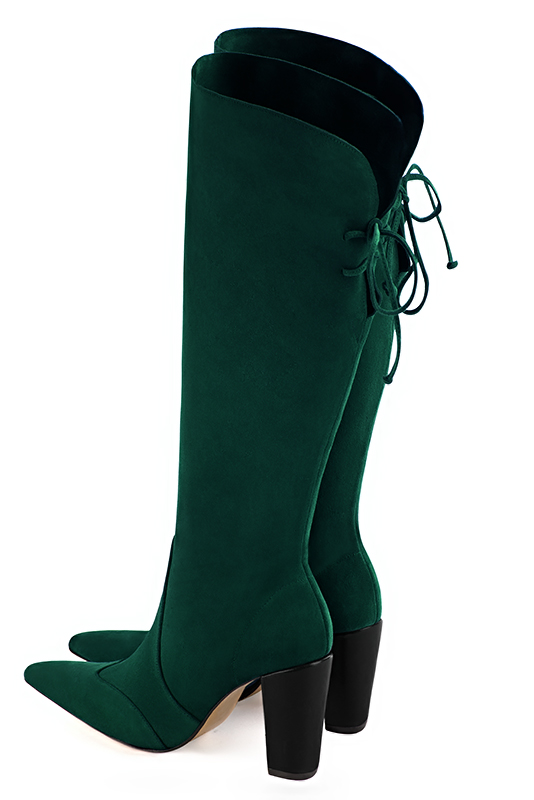 Forest green women's knee-high boots, with laces at the back. Tapered toe. Very high block heels. Made to measure. Rear view - Florence KOOIJMAN